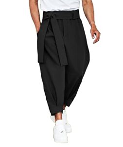 somthron men's harem cropped pants elastic waist belted baggy bow tie beach yoga ankle length trousers bl-l black