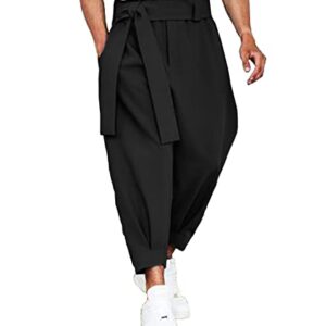 SOMTHRON Men's Harem Cropped Pants Elastic Waist Belted Baggy Bow Tie Beach Yoga Ankle Length Trousers BL-L Black