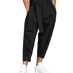 SOMTHRON Men's Harem Cropped Pants Elastic Waist Belted Baggy Bow Tie Beach Yoga Ankle Length Trousers BL-L Black