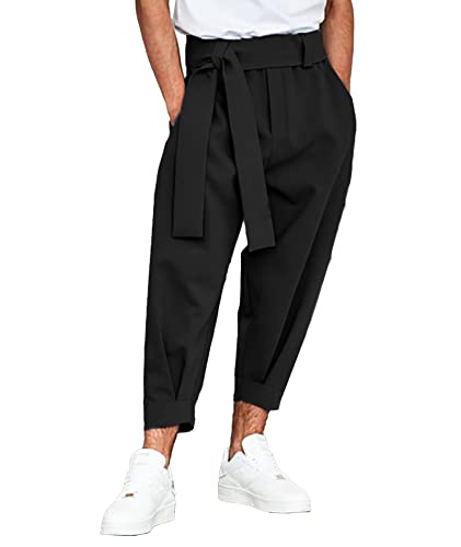 SOMTHRON Men's Harem Cropped Pants Elastic Waist Belted Baggy Bow Tie Beach Yoga Ankle Length Trousers BL-L Black