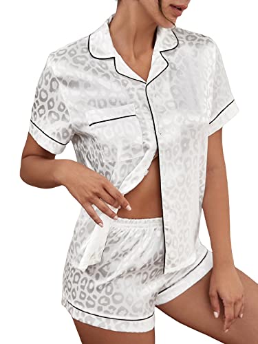 Romwe Women's 2 Piece Satin Pajama Set Short Sleeve Button Down Shirt and Shorts Sleepwear Leopard White XL