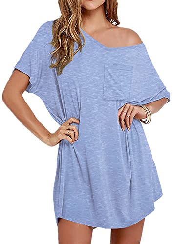 Ekouaer Sleep Shirts for Women Oversized Night Shirts V Neck Loose Nightgowns Sleepwear for Women Light BlueXXL