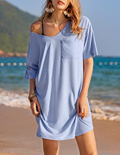 Ekouaer Sleep Shirts for Women Oversized Night Shirts V Neck Loose Nightgowns Sleepwear for Women Light BlueXXL