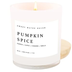 sweet water decor pumpkin spice soy candle | pumpkin | cloves | buttercream | cinnamon | smoke embers | vanilla scented candle for home | 11oz white jar candle, 50+ hour burn time, made in the usa