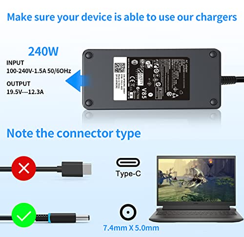 240W 19.5V 12.3A Dell Laptop Charger Replacement for Dell Alienware M17 R1 R2 R3 R4 R5 M17X R2 R3 M18X Area-51m R2 G5 G7 Adapter Power