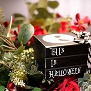 LIVDUCOT Mini Black Halloween Tiered Tray Decor Wood Decorative Book Stack-5x4x3" Rustic Farmhouse Fake Wooden Books for Home Table Decorations Nightmare Before Christmas & This is Halloween Sign