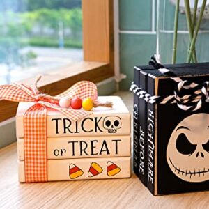 LIVDUCOT Mini Black Halloween Tiered Tray Decor Wood Decorative Book Stack-5x4x3" Rustic Farmhouse Fake Wooden Books for Home Table Decorations Nightmare Before Christmas & This is Halloween Sign