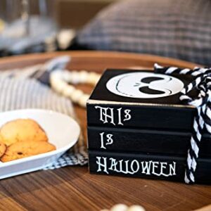 LIVDUCOT Mini Black Halloween Tiered Tray Decor Wood Decorative Book Stack-5x4x3" Rustic Farmhouse Fake Wooden Books for Home Table Decorations Nightmare Before Christmas & This is Halloween Sign