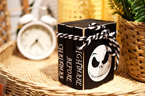 LIVDUCOT Mini Black Halloween Tiered Tray Decor Wood Decorative Book Stack-5x4x3" Rustic Farmhouse Fake Wooden Books for Home Table Decorations Nightmare Before Christmas & This is Halloween Sign