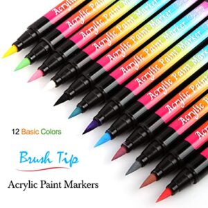 ARTDINGD Acrylic Paint Pens Brush Tip, 12 Colors Markers for Rock Painting, Calligraphy, Scrapbooking, Lettering, Card Making, Sketching, Black Paper, DIY Photo Album