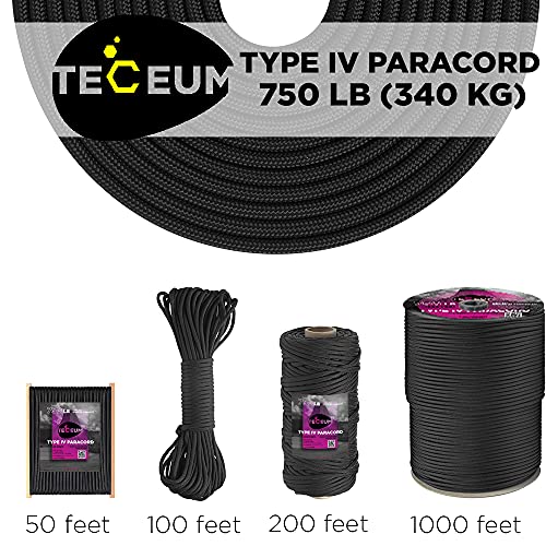 TECEUM Paracord Type IV 750 lb Black 016 – 50 ft – 4mm – 100% Nylon Strong Tactical MIL–SPEC Parachute Cord – Survival Rope Emergency para Cord 11 Strands Core EDC Camping Hiking Military Gear 016a n