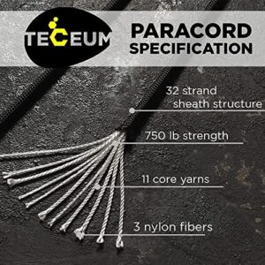 TECEUM Paracord Type IV 750 lb Black 016 – 50 ft – 4mm – 100% Nylon Strong Tactical MIL–SPEC Parachute Cord – Survival Rope Emergency para Cord 11 Strands Core EDC Camping Hiking Military Gear 016a n