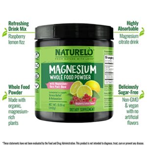 NATURELO Whole Food Magnesium Powder - Supports Stress Relief, Relaxation, Raspberry Lemon Flavor - 85 Servings | 15 oz