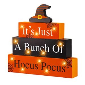 halloween wooden block sign with led lights- it's just a bunch of hocus pocus witch light up wood sign decor for table mantle- halloween festive haunted house farmhouse home tabletop tiered tray decor