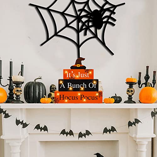 Halloween Wooden Block Sign with Led Lights- It's Just a Bunch of Hocus Pocus Witch Light up Wood Sign Decor for Table Mantle- Halloween Festive Haunted House Farmhouse Home Tabletop Tiered Tray Decor