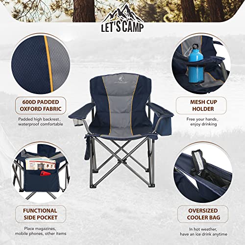 LET'S CAMP Folding Camping Chair Oversized Heavy Duty Padded Outdoor Chair with Cup Holder Storage and Cooler Bag, 450 LBS Weight Capacity, Thicken 600D Oxford