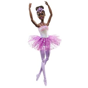 barbie dreamtopia doll, twinkle lights posable ballerina with 5 light-up shows, sparkly purple tutu, black hair & tiara