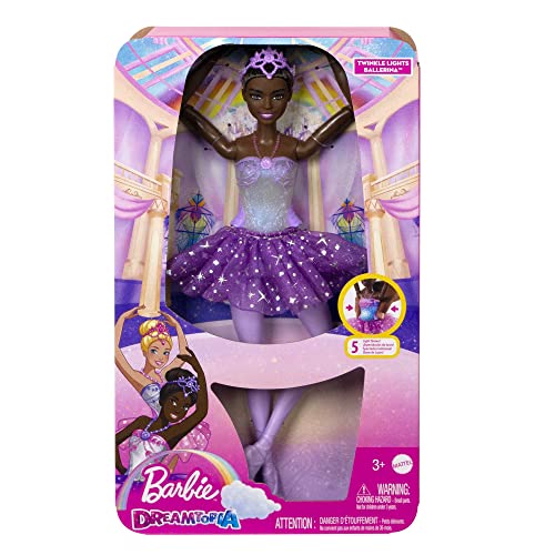 Barbie Dreamtopia Doll, Twinkle Lights Posable Ballerina with 5 Light-Up Shows, Sparkly Purple Tutu, Black Hair & Tiara