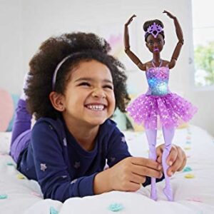 Barbie Dreamtopia Doll, Twinkle Lights Posable Ballerina with 5 Light-Up Shows, Sparkly Purple Tutu, Black Hair & Tiara