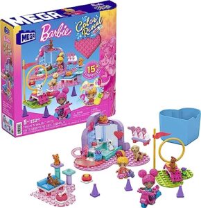 mega barbie color reveal building toy playset for kids, train n wash pets with 152 pieces, 15 surprises, accessories and 6 pets