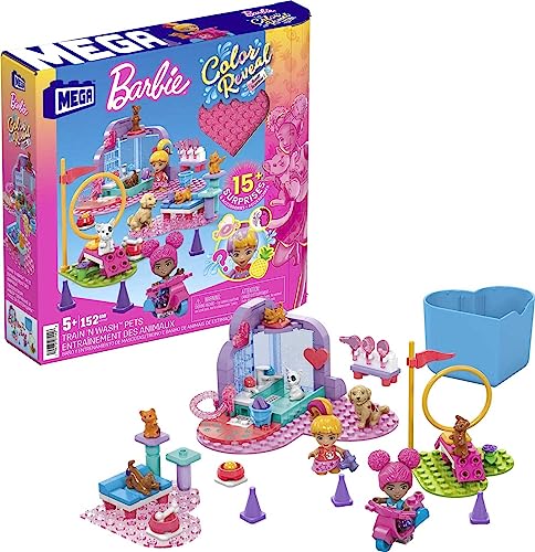 MEGA Barbie Color Reveal Building Toy Playset For Kids, Train N Wash Pets With 152 Pieces, 15 Surprises, Accessories and 6 Pets