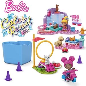 MEGA Barbie Color Reveal Building Toy Playset For Kids, Train N Wash Pets With 152 Pieces, 15 Surprises, Accessories and 6 Pets