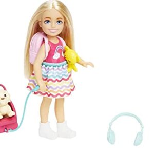 Barbie Chelsea Doll & 6 Accessories, Travel Set with Puppy, Pet Carrier & Backpack that Opens & Closes, Blonde Small Doll