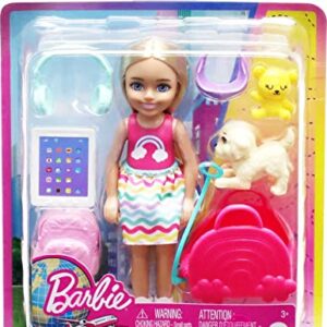 Barbie Chelsea Doll & 6 Accessories, Travel Set with Puppy, Pet Carrier & Backpack that Opens & Closes, Blonde Small Doll