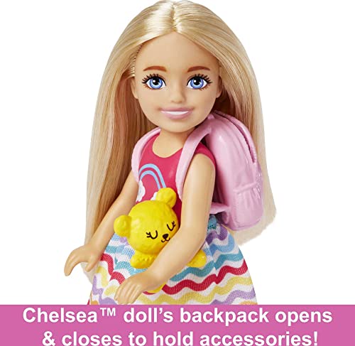 Barbie Chelsea Doll & 6 Accessories, Travel Set with Puppy, Pet Carrier & Backpack that Opens & Closes, Blonde Small Doll