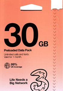 three uk new prepaid europe (uk three) sim card 30gb data unlimited minutes/texts for 30 days with free roaming/use in 71 destinations including europe, south america and australia (30gb)