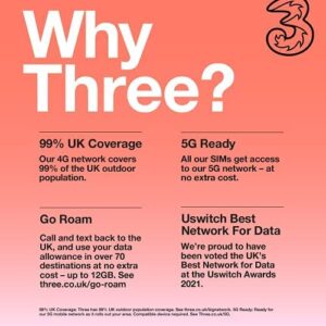 Three UK New PrePaid Europe (UK Three) SIM Card 30GB Data Unlimited Minutes/Texts for 30 Days with Free Roaming/USE in 71 Destinations Including Europe, South America and Australia (30GB)