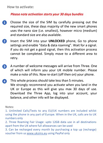 Three UK New PrePaid Europe (UK Three) SIM Card 30GB Data Unlimited Minutes/Texts for 30 Days with Free Roaming/USE in 71 Destinations Including Europe, South America and Australia (30GB)