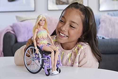 Barbie Fashionistas Doll #194 with Wheelchair and Ramp, Straight Blonde Hair and Rainbow Romper with Accessories