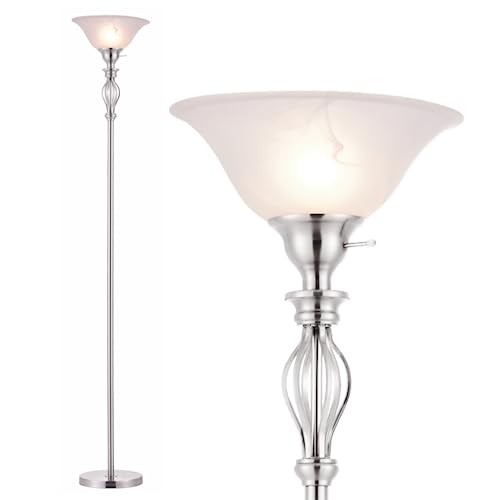 Silver Standing Lamp Floor Lamp For Living Room with White Alabaster Glass Shade- Stand Up Lamp Torchiere- Durable Iron Scrollwork And Glass Construction - Pole Lamp with Brushed Nickel Finish