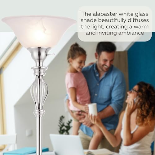 Silver Standing Lamp Floor Lamp For Living Room with White Alabaster Glass Shade- Stand Up Lamp Torchiere- Durable Iron Scrollwork And Glass Construction - Pole Lamp with Brushed Nickel Finish