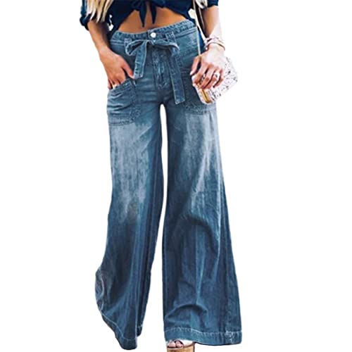 utcoco Women's Casual Loose Fit Palazzo Pants Hight Waisted Wide Leg Denim Jeans (16, Blue)