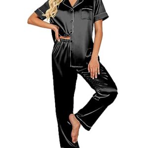 Ekouaer Satin Pj Set Sexy Soft Sleep Sets For Women Casual Button Down Loungewear(Black,Large)