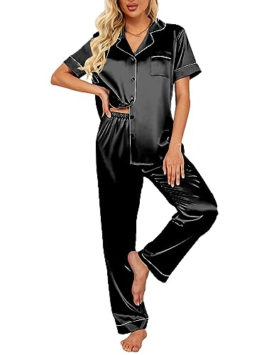 Ekouaer Satin Pj Set Sexy Soft Sleep Sets For Women Casual Button Down Loungewear(Black,Large)