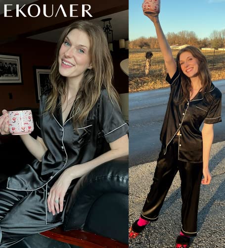 Ekouaer Satin Pj Set Sexy Soft Sleep Sets For Women Casual Button Down Loungewear(Black,Large)