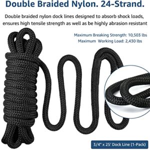 Dock Lines 3/4" x 25 ft Boat Ropes for Docking with 16" Loop, Double Braid Nylon Boat Dock Lines, Premium Dock Ropes for Boats, Boat Ropes Lines - Black Dock Lines for Boats 3/4", J-FM TWNTHSD 1 Pack