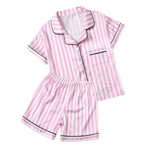 silk pjs for women set, cute silky matching 2 pcs comfy nightwear button down sexy soft satin summer pj short set, d pink stripe, x-small