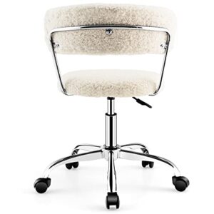 Giantex Home Office Chair, Faux Fur Low Back Swivel Leisure Chair w/Height Adjustable Padded Seat, Rolling Armless Vanity Chair w/Galvanized Steel Frame for Bedroom Study Guest Room, White