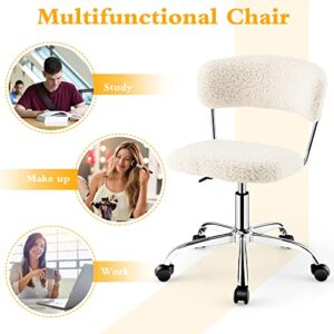 Giantex Home Office Chair, Faux Fur Low Back Swivel Leisure Chair w/Height Adjustable Padded Seat, Rolling Armless Vanity Chair w/Galvanized Steel Frame for Bedroom Study Guest Room, White