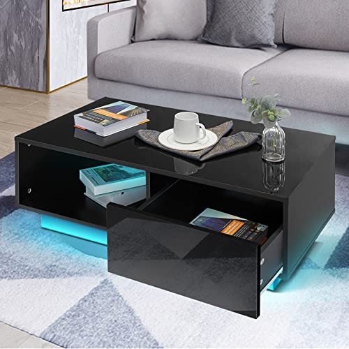 HOMMPA Small LED Coffee Tables for Living Room Black Coffee Table with LED Lights Modern Low Profile Center Table with High Gloss Table Top for Small Place 13" Tall