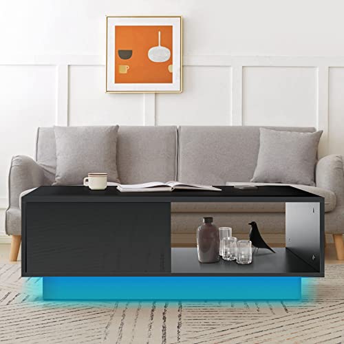 HOMMPA Small LED Coffee Tables for Living Room Black Coffee Table with LED Lights Modern Low Profile Center Table with High Gloss Table Top for Small Place 13" Tall