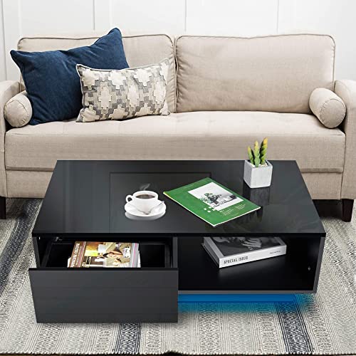 HOMMPA Small LED Coffee Tables for Living Room Black Coffee Table with LED Lights Modern Low Profile Center Table with High Gloss Table Top for Small Place 13" Tall