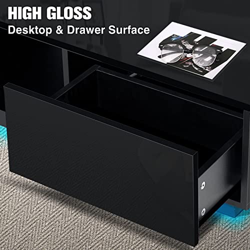 HOMMPA Small LED Coffee Tables for Living Room Black Coffee Table with LED Lights Modern Low Profile Center Table with High Gloss Table Top for Small Place 13" Tall