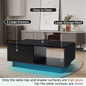 HOMMPA Small LED Coffee Tables for Living Room Black Coffee Table with LED Lights Modern Low Profile Center Table with High Gloss Table Top for Small Place 13" Tall