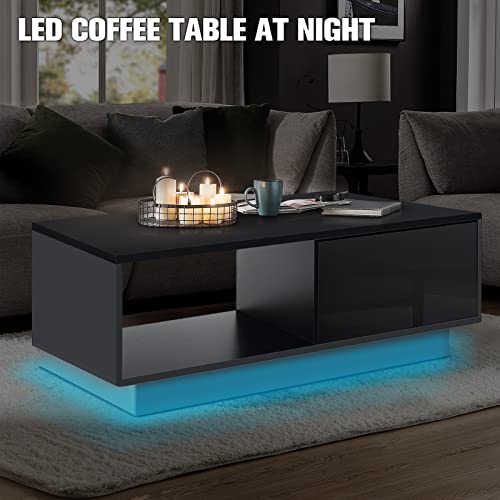 HOMMPA Small LED Coffee Tables for Living Room Black Coffee Table with LED Lights Modern Low Profile Center Table with High Gloss Table Top for Small Place 13" Tall