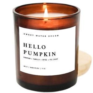 sweet water decor hello pumpkin soy candle | pumpkin, warm spices, vanilla | fall scented candle for home | 11oz amber jar candle, 50+ hour burn time, made in the usa